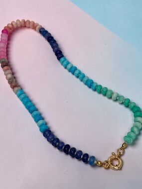 New Natural Stone Multi-Color Pink-Blue Anthro-Look  Boho Necklace